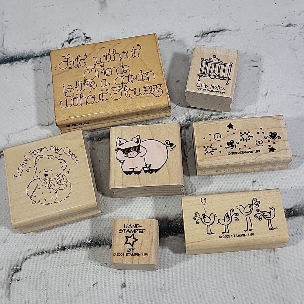 Vintage Rubber Stamps Lot Of 7 Friendship Crib Notes Cool Pig Wood Mounted Craft